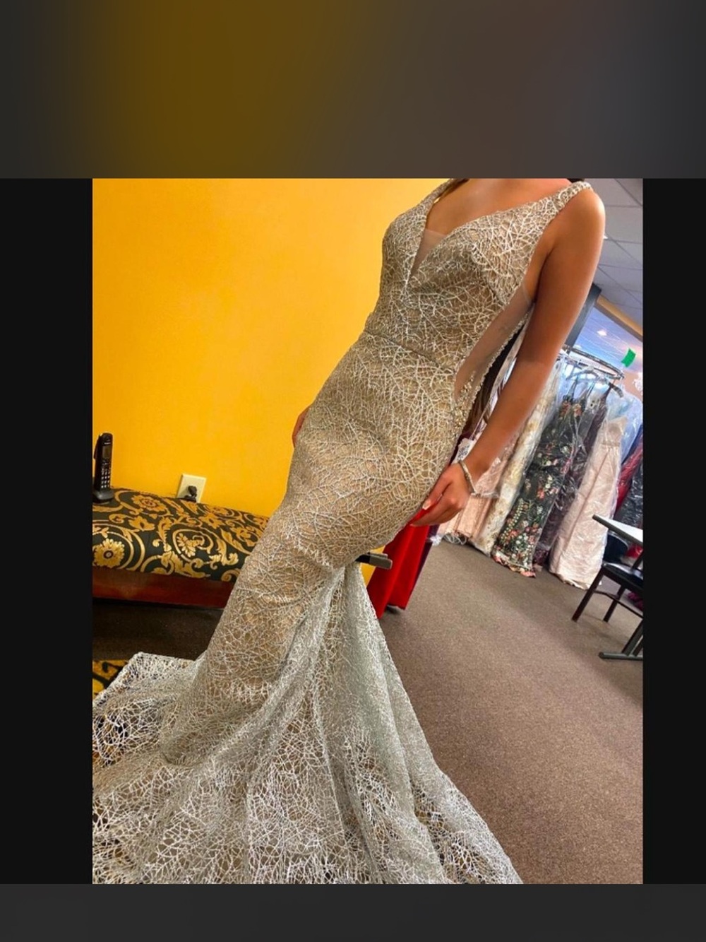 Elegant Silver Lace Mermaid Evening Dress - Deep V